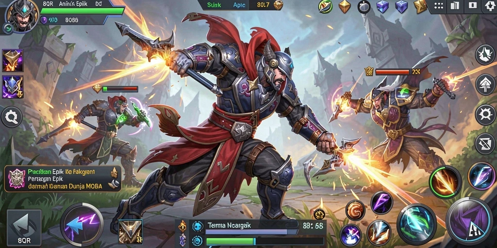 Tangkapan layar utama 8QR menampilkan aksi seru dalam permainan MOBA.