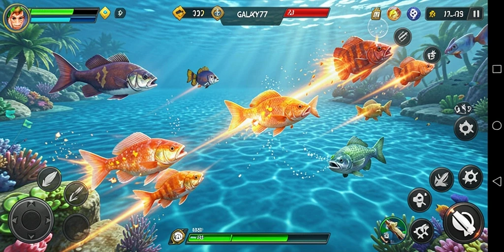 Tampilan gameplay seru dari GALAXY77 dengan aksi tembak ikan.