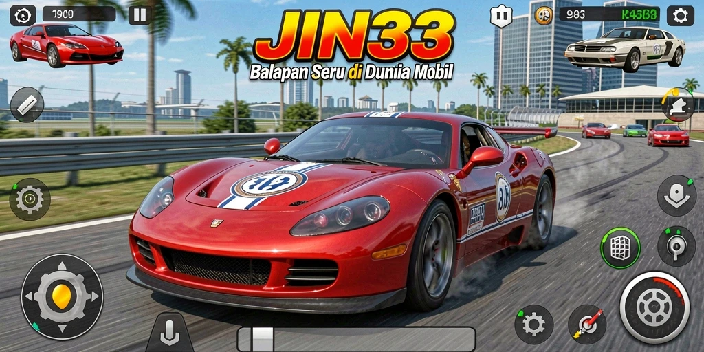 Screenshot gameplay JIN33 menampilkan mobil balap di trek yang menantang.