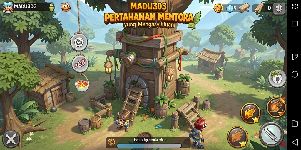 Tampilan gameplay yang seru dalam MADU303 menampilkan pertarungan Tower Defense yang menegangkan.