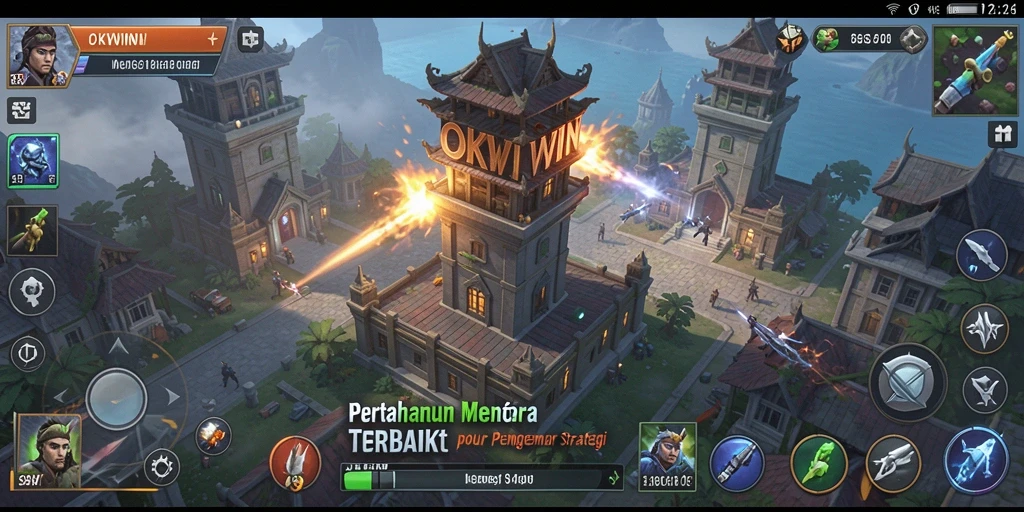 Tampilan permainan OKWIN menampilkan strategi tower defense yang epik dan visual yang menarik.