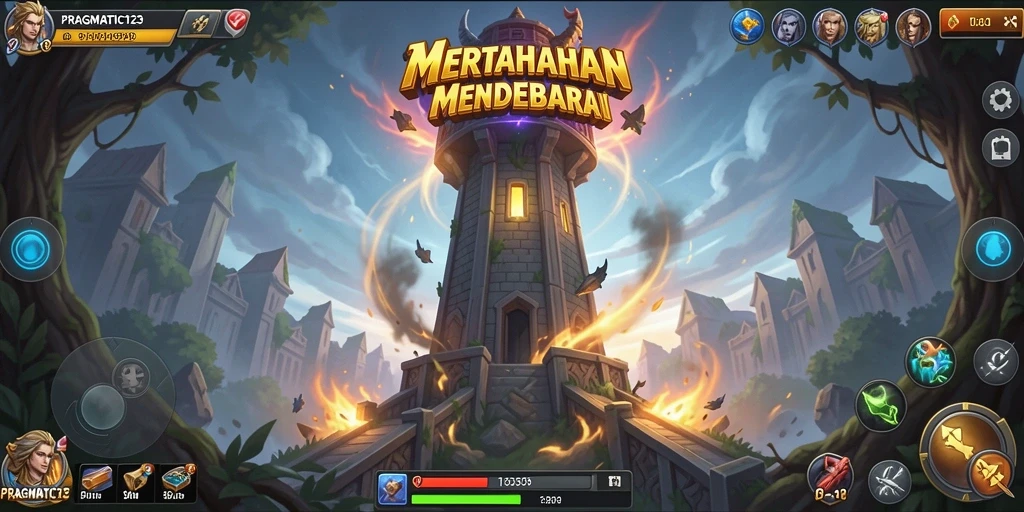 Screenshot gameplay menampilkan aksi pertahanan menara yang intens.