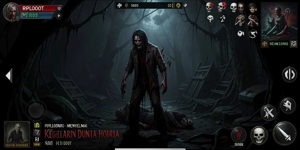Tangkapan layar gameplay RPLOOT memperlihatkan suasana horor yang intens dan mencekam.