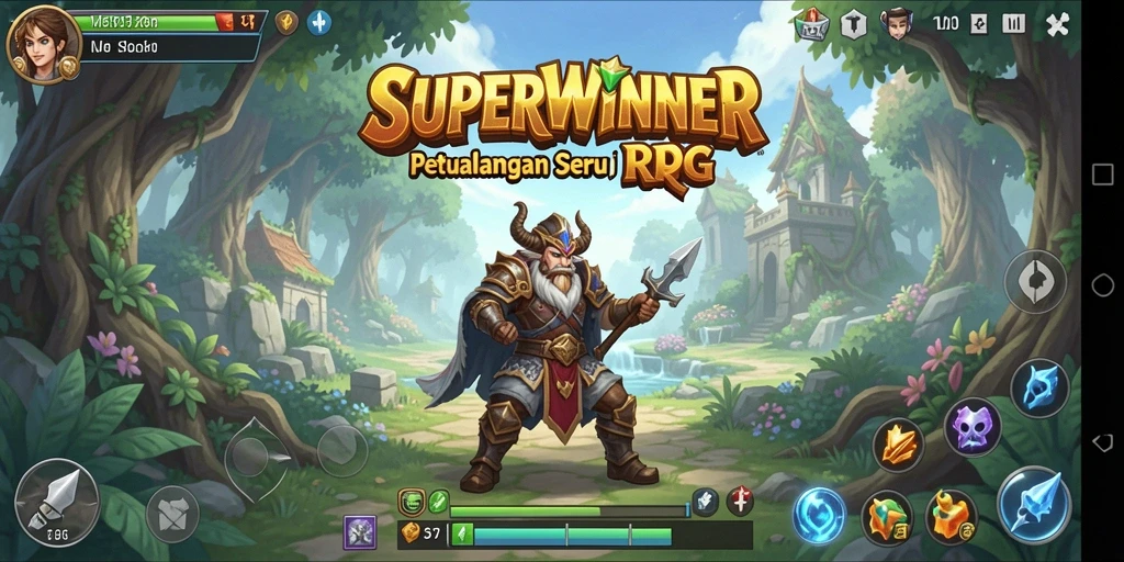 Tangkapan layar gameplay SUPERWINNER yang menunjukkan pertempuran seru di dunia RPG.